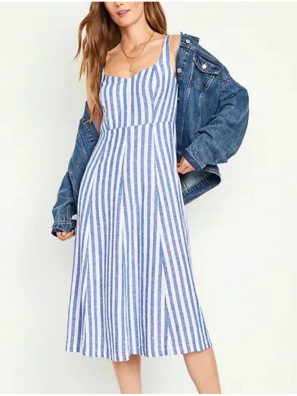 Old Navy Blue and White Striped Linen Blend Midi Dress